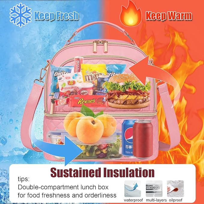 Lunch Bag for Women,Double Decker Lunch Box for Womens, Insulated Lunchbag Leakproof Lunch Tote Lunch Cooler Bag for Women Men,Lunchbox with Adjustable Strap for Work Picnic Beach