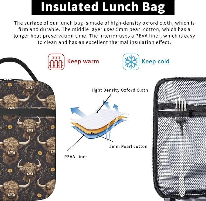 Highland Cow Lunch Box for Women Kids Girls Insulated Lunch Bag Lunchbox Adults Lunch Tote Bags Reusable Cooler for Work Office School Picnic Travel