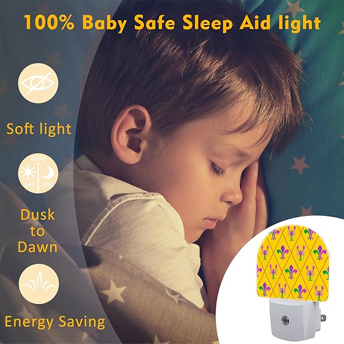 Mardi Gras Carnival Design Night Light, Crayfish and Fleur De Lis Dusk to Dawn Night Light Plug in, 0.5w Energy Saving Sleep Friendly Nightlights for Kids Boys Girls Home Decor