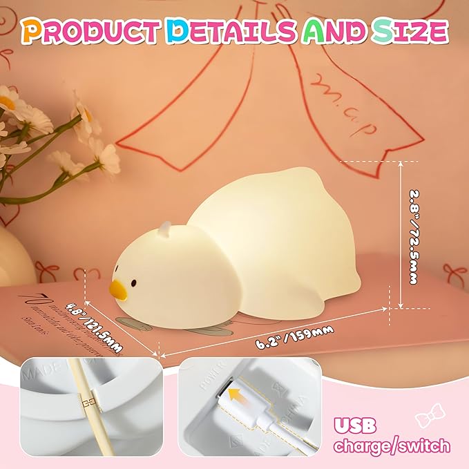 Night Light for Kids, Rechargeable Dimmable Silicone LED Nightlight with 7 Colors, Baby Nursery Night Lamp, Touch Squishy Lamp, Cute Gifts for Girls, Boys, Toddler Room Decor, Lying Duck