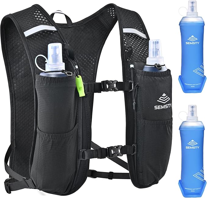 SEMSTY Running Vest for Women Men, 5L Hydration Vest with Dual 500ml Soft Flask, Lightweight Water Backpack, Adjustable Ch...