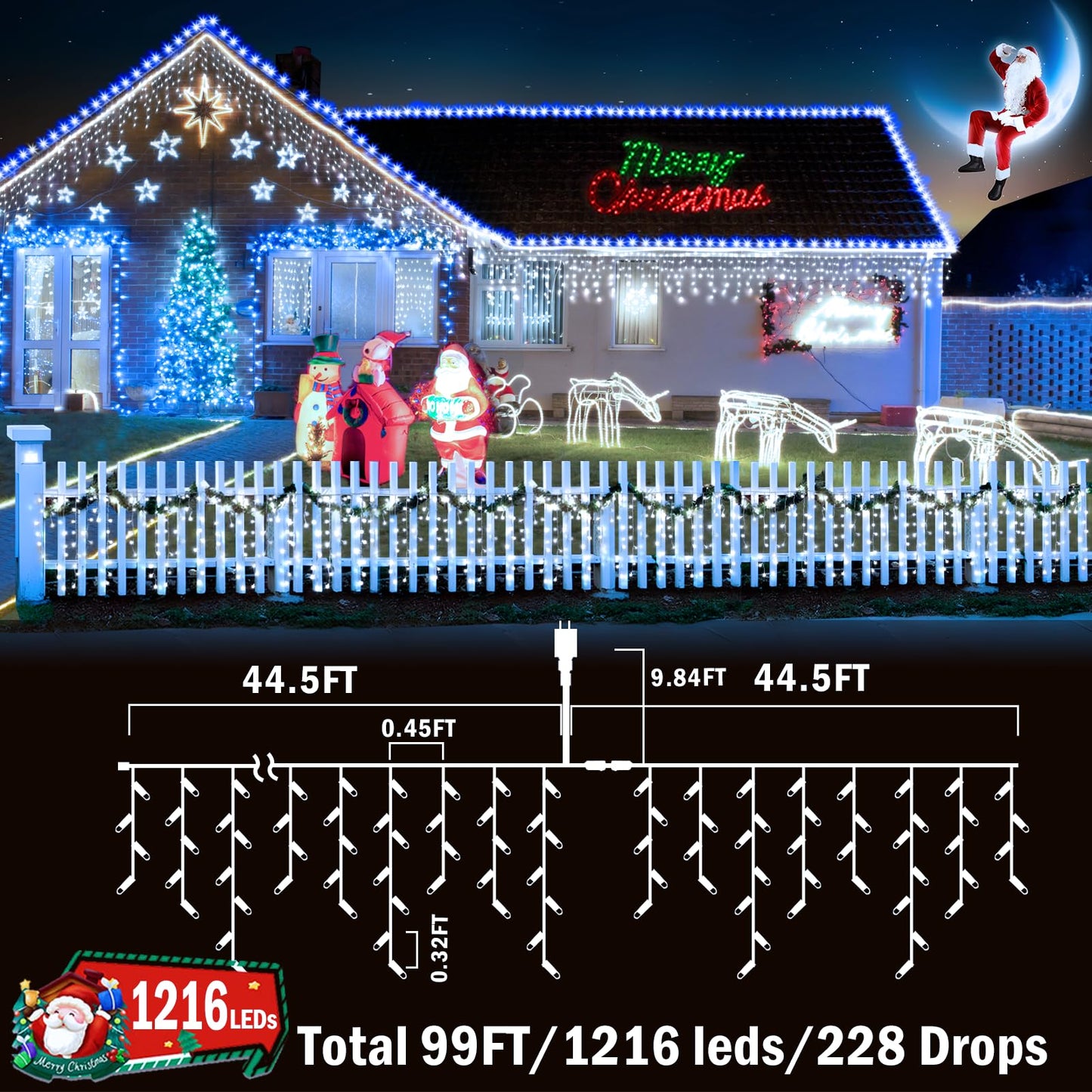KNONEW Outdoor Decorative String Lights, 1216 LED, 99ft, 8 Modes, Plastic, Cool White