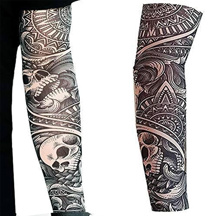 2 x Tattoo arm sleeves fake nylon elastic stocking full arm skulls halloween stretchy adult gotihic slip on biker goth got...