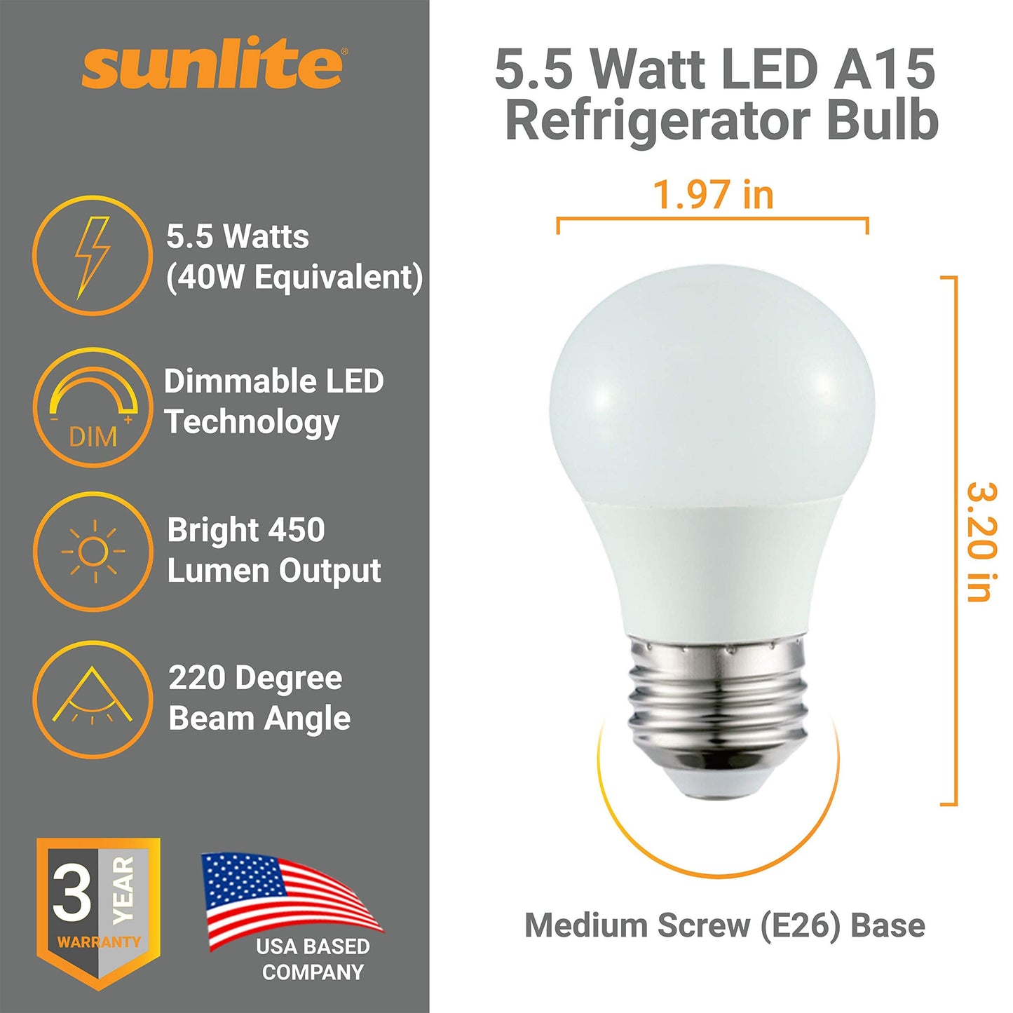 Sunlite Led A15 Refrigerator Light Bulb, 5.5W (40W Equivalent), Dimmable, Frosted, 450 Lumens, 30K Warm White, E26 Base