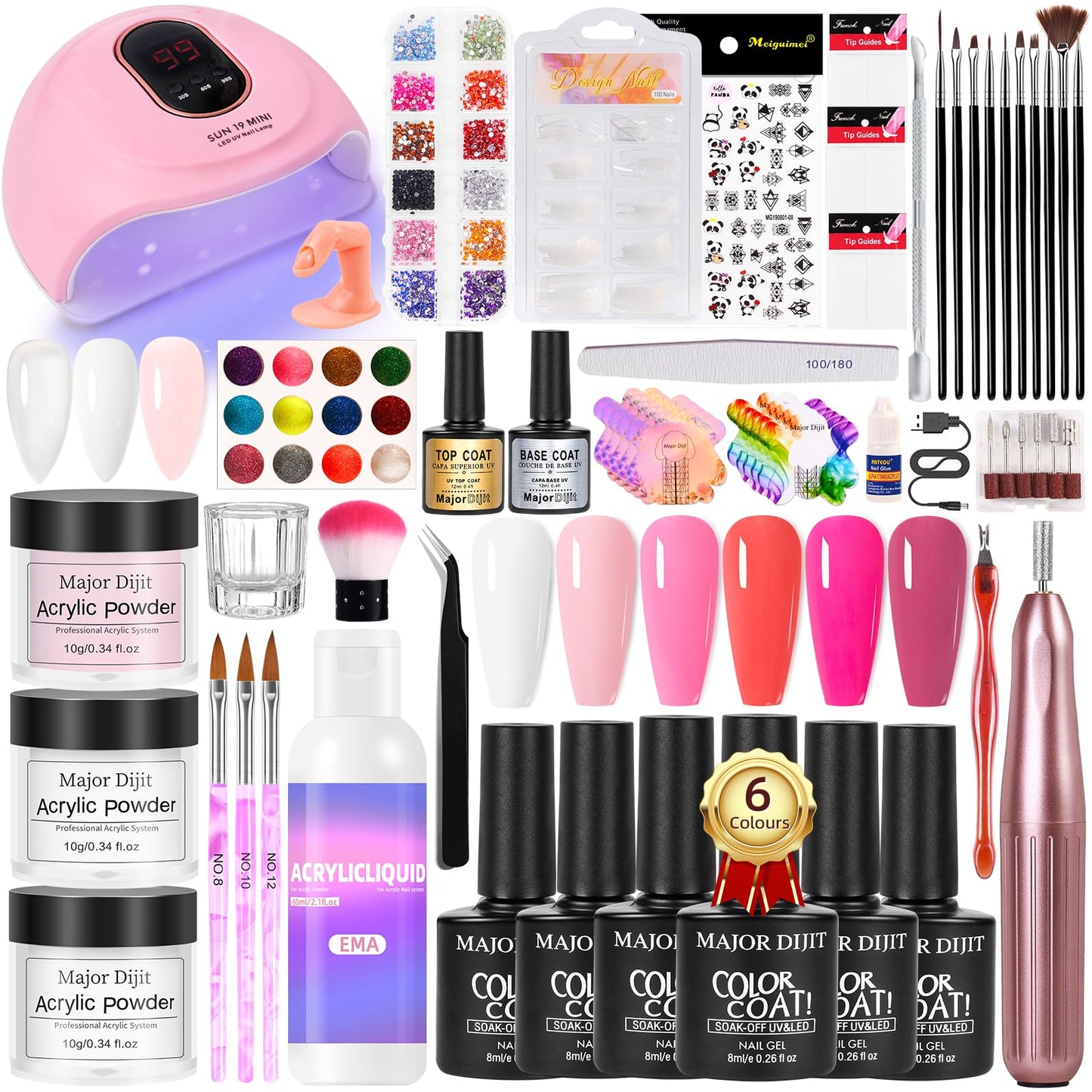 Major Dijit Acrylic Nail Kit with Drill - Complete Starter Set for Beginners White Pink Clear Acrylic Powder, 6 Gel Polish Color