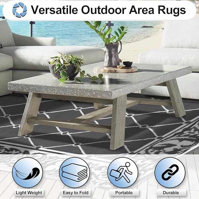 OutdoorLines Indoor Outdoor Rugs for Patio 4x6 ft - Reversible Outside Carpet, Stain & UV Resistant Portable RV Mats, Plastic Straw Rug for Camping, Pool Deck, Porch Rhombus Gray & White