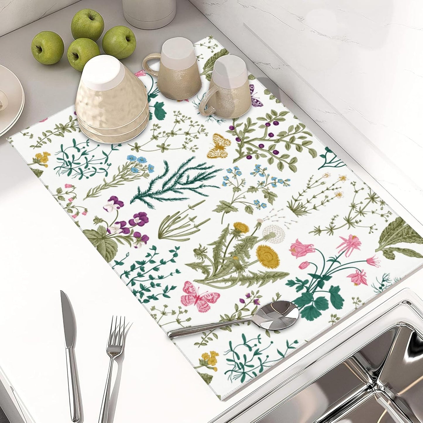 Large Dish Drying Mat for Kitchen Counter,18"X24" Herbs and Wild flowers with Butterfly Absorbent Reversible Microfiber Dish Drying Mat Dish Drainer Mat Drying Pad for Kitchen Countertop Coffee Bar
