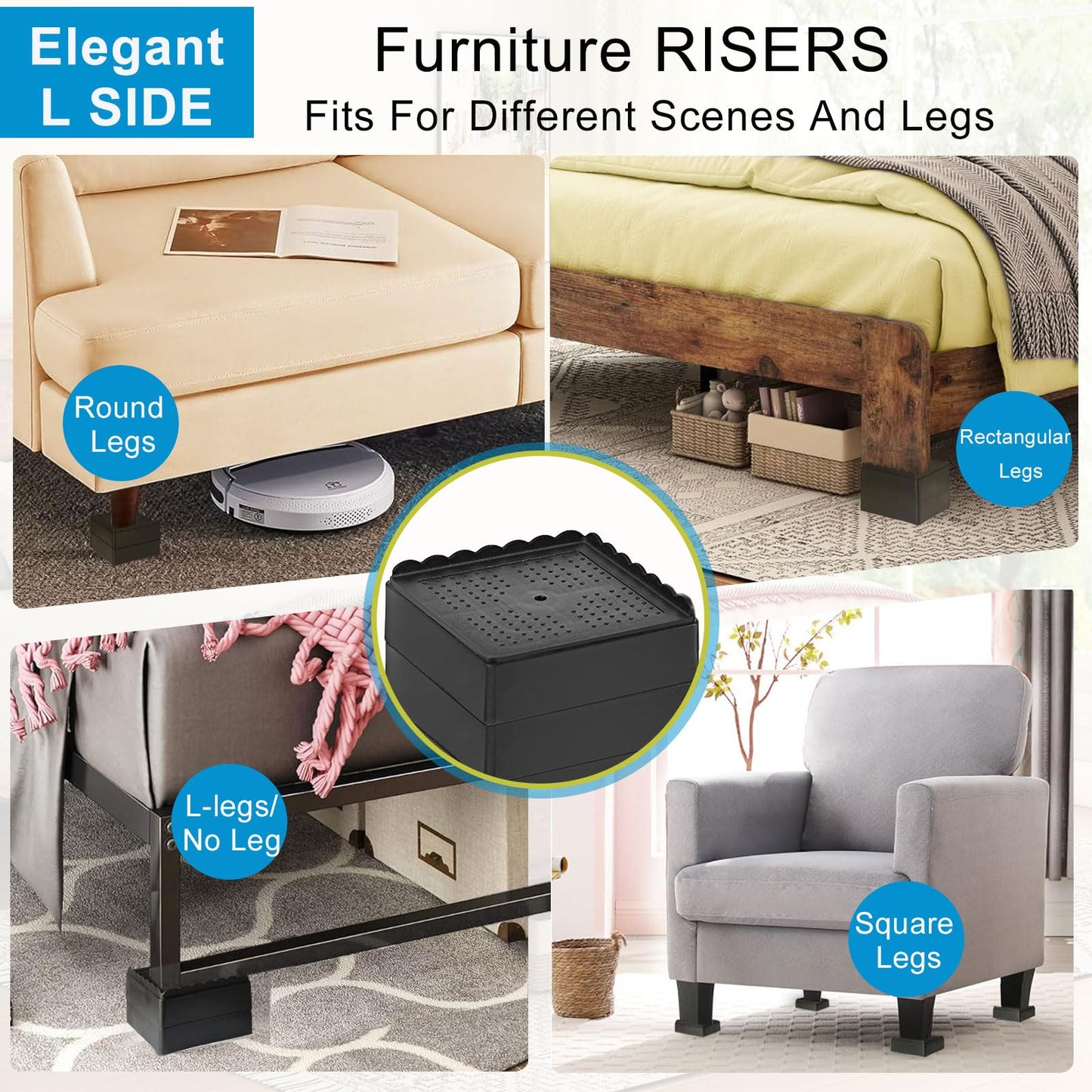 EGTTGIN Bed Risers 1 inch, 2 inch, 3 inch, 4 inch Heavy Duty, Adjustable Furniture Riser for Table Desk Couch Sofa Chair Recliner Leg Frame Dorm, Stackable Bed Raisers Blocks (Black 4 Pack, 1 inch)