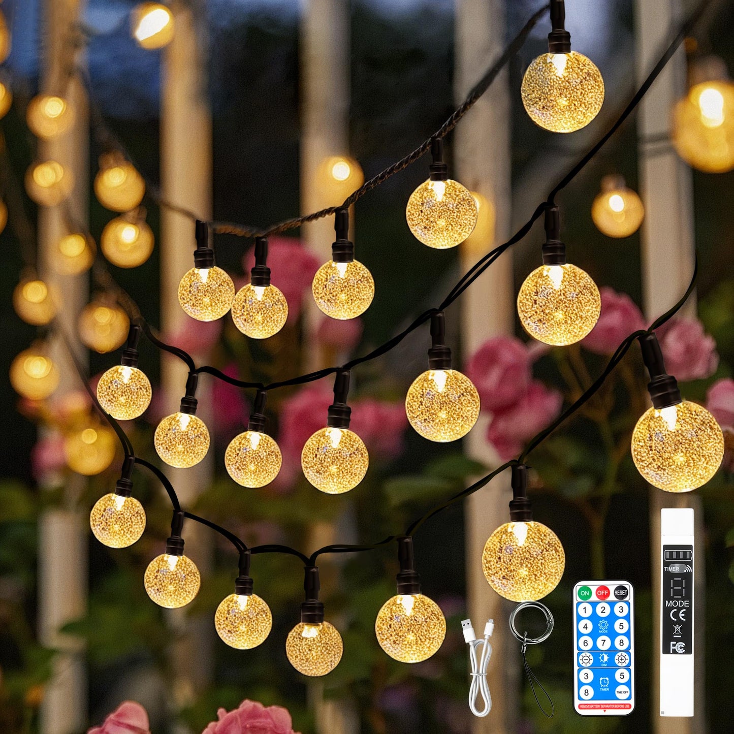 SeaShine 22ft Rechargeable Battery Operated String Lights - 50LEDs Crystal Globe, IP65 Waterproof, Warm White