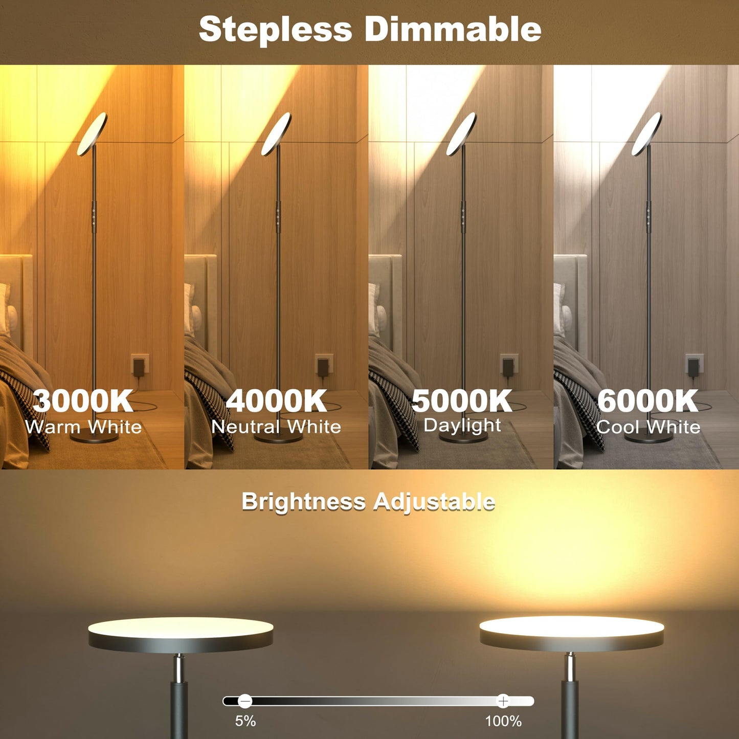 Yikuneng LED Floor Lamp - 2400LM Dimmable Torchiere with Remote & Touch Control, Black, 24W