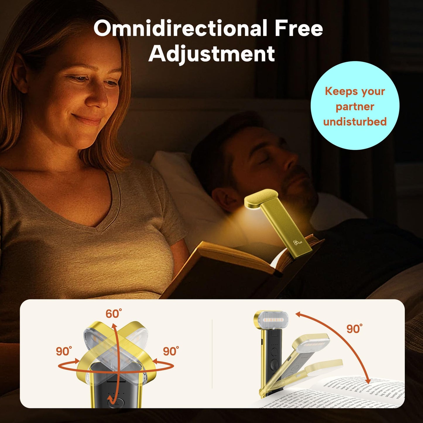86lux LED Book Light, USB Rechargeable, 3 Colors & Dimming, Bookmark Light, Model OK25, Yellow
