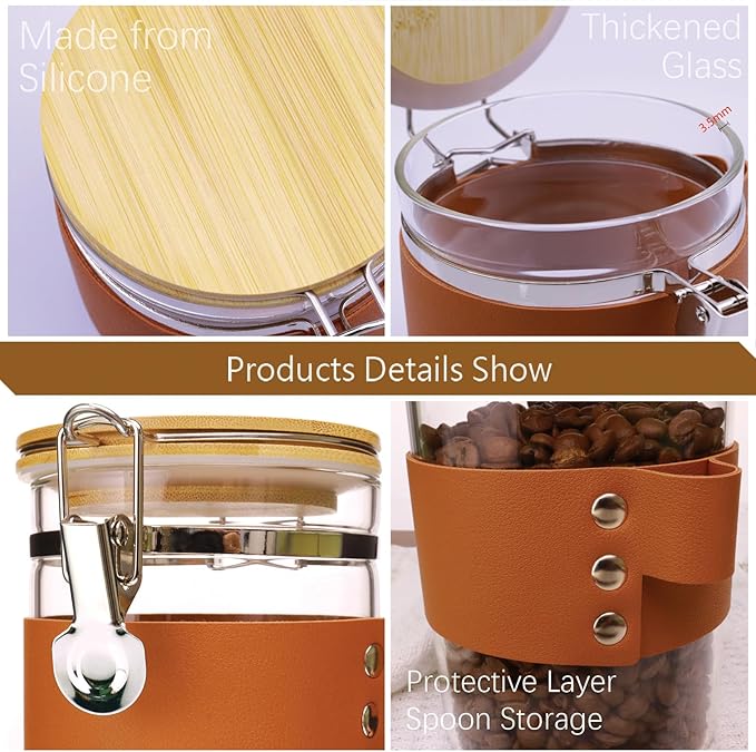 Glass Storage Jars with Spoon, Kitchen Food Storage jars with spoon, Glass Coffee Nuts Canister with Bamboo Lids, Scoop for Beans, Ground Coffee,Nuts, Cookie, Flour (27OZ×2)