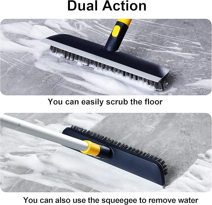 Yocada Floor Scrub Brush Telescopic Handle 2 in 1 Scrape Brush Stiff Bristle Shower Scrubber for Cleaning Patio Bathroom Garage Kitchen Wall Deck Tub Tile 55.9 inch Tall