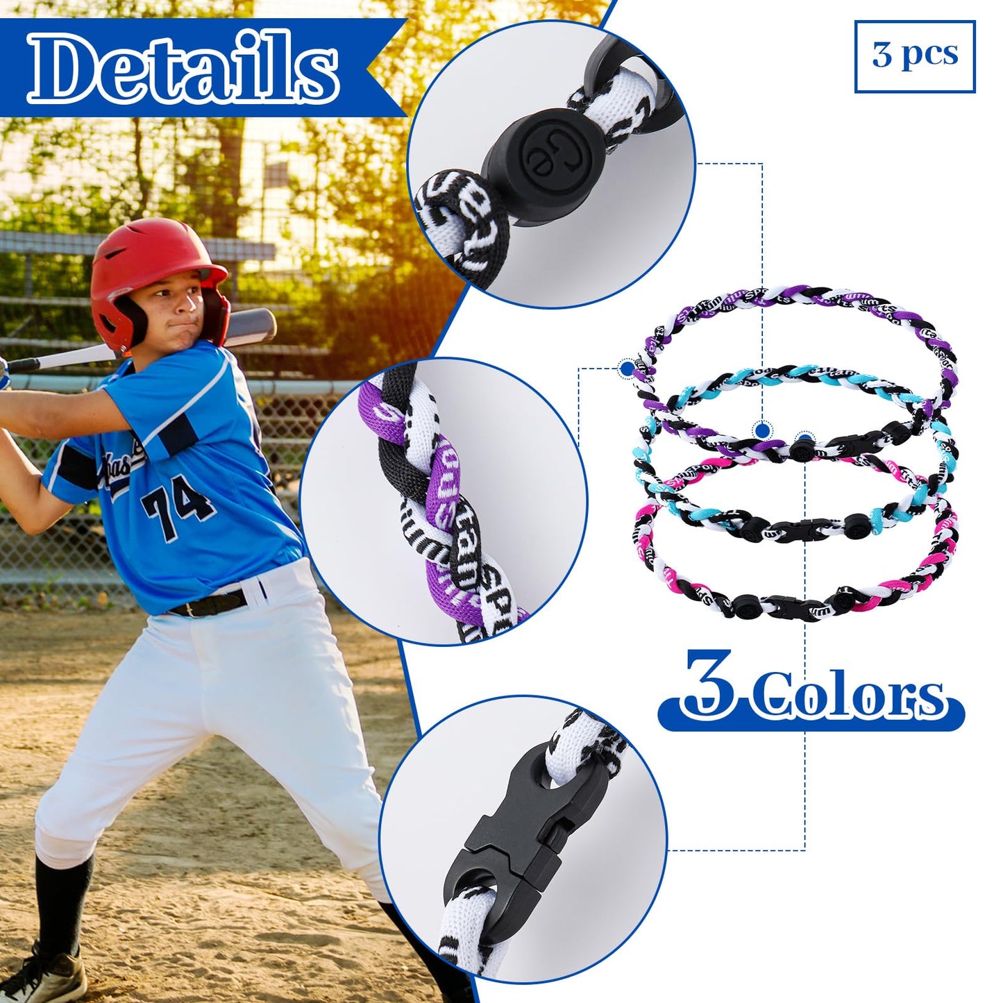 Junkin 3 Pcs Baseball Necklaces Three Braided Rope Titanium Necklace for Team Gifts Boys Men Player Softball Fans Sports (Elegan