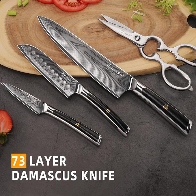 Sunnecko Damascus Kitchen Knife Set 4 Piece, Sharp Chef Knife Set with Kitchen Scissors, Professional Kitchen Knives Sets Full Tang with Gift Box