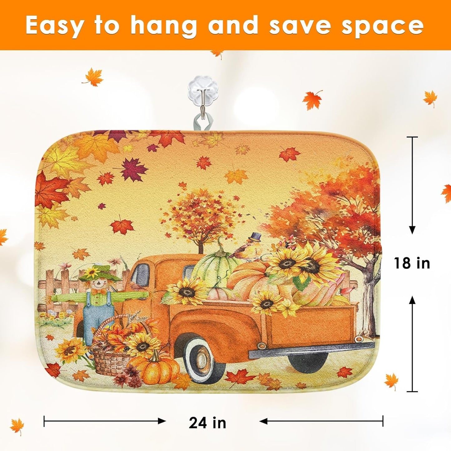 Sanwarm Absorbent Dish Drying Mat, Fall Truck Pumpkin Microfiber Pad for Kitchen Counter, Tree Leaf for Coffee Bar Decor, Heat Resistant and Reversible, 18" x 24"