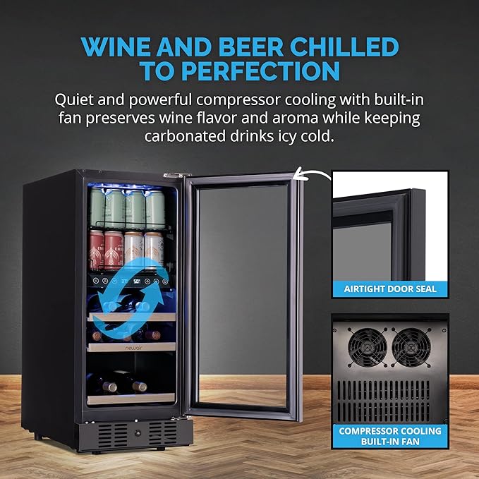 NewAir 15" Wine and Beverage Refrigerator 9 Bottle and 48 Can Capacity, Beverage Cooler in Stainless Steel, Built-in or Freestanding Dual Zone Drink Fridge with Triple-Pane Glass Door