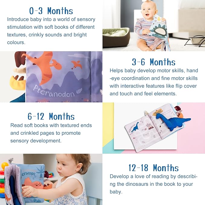 Richgv Baby Books Toys 0-6-12 Months, Baby Boy Gifts Touch and Feel Crinkle Books with Dino Doll, Newborn Infant Carseat Toys 6-9-12 Months Shower Gifts Easter Basket Stuffers