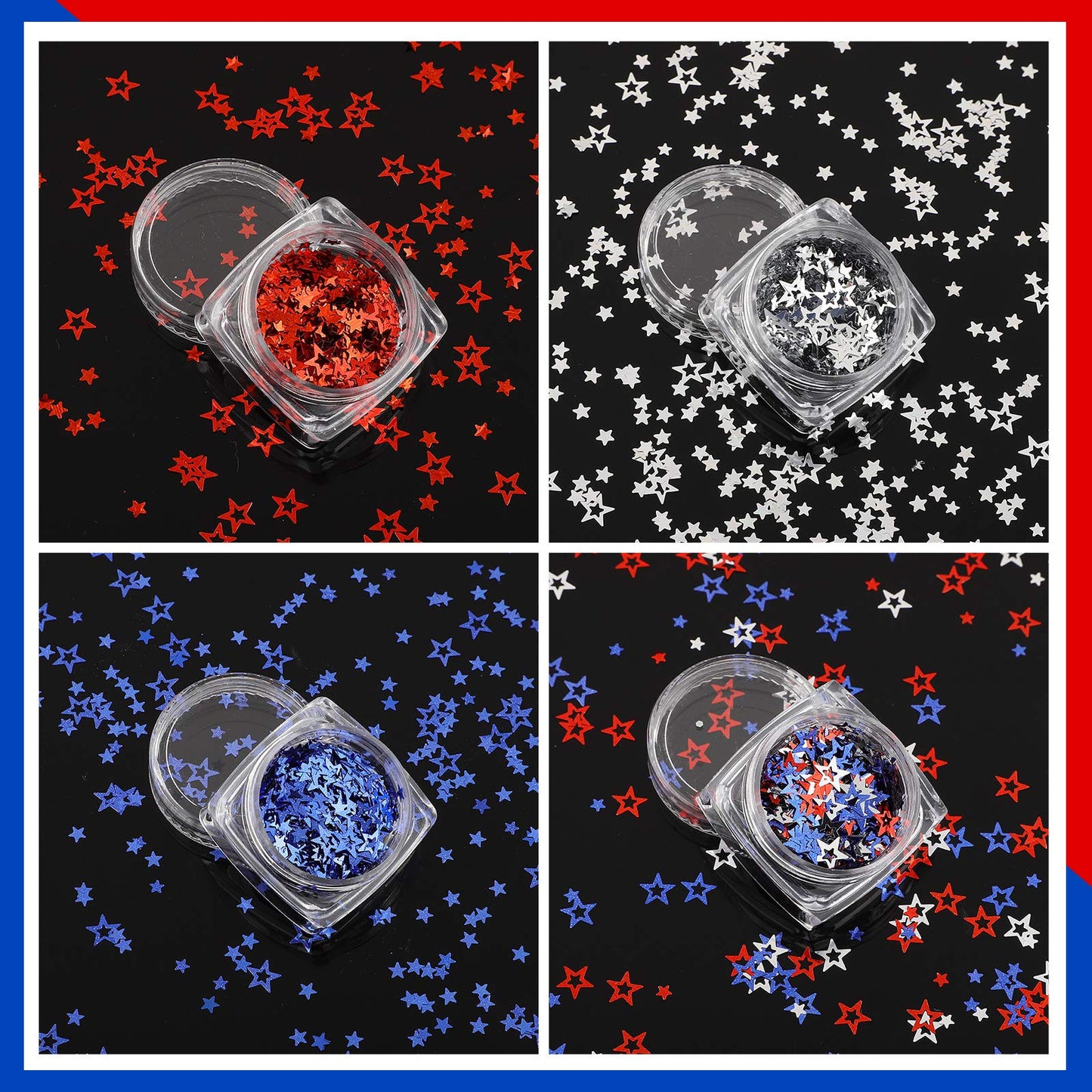 12 Boxes Independence Day Star Glitters Holographic Nail Art Decals Red Blue Silver Mixed Star and Hollow Star Shaped Nail Sequi