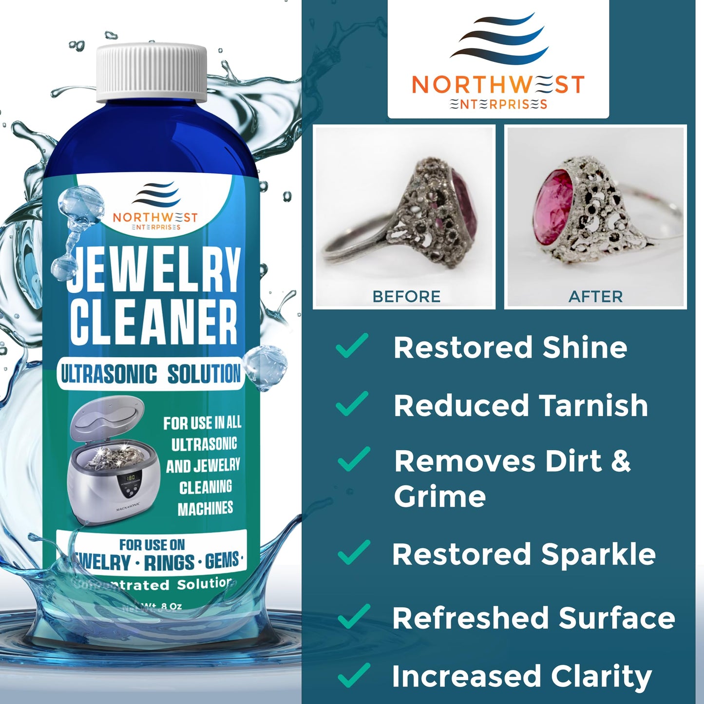 NORTHWEST ENTERPRISES Jewelry Cleaner, Ultrasonic Jewelry Cleaner Solution - Cleans Gold, Silver, Platinum, Diamonds, Non-Porous