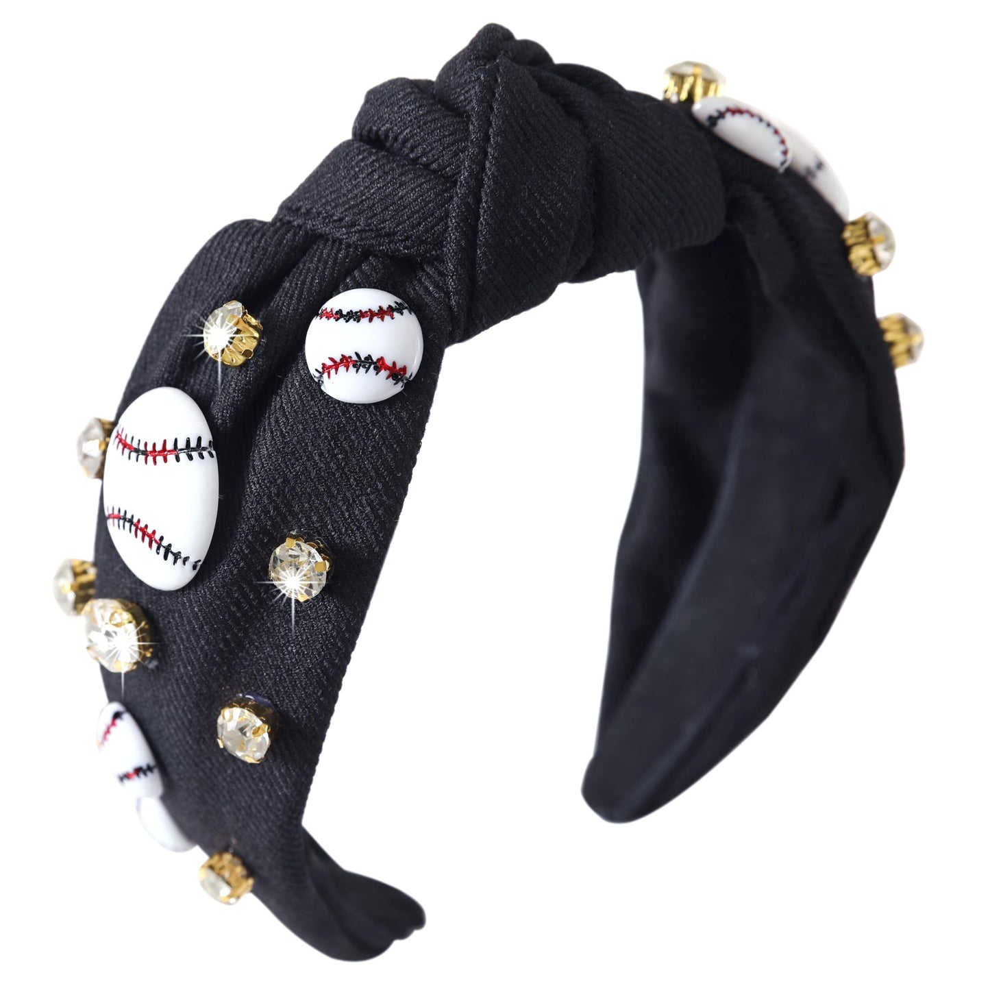 Gmmidea Baseball Headbands for Women Pearl Crystal Knotted Headband Bejeweled Baseball Charm Embellished Headband Wide Knot Spor