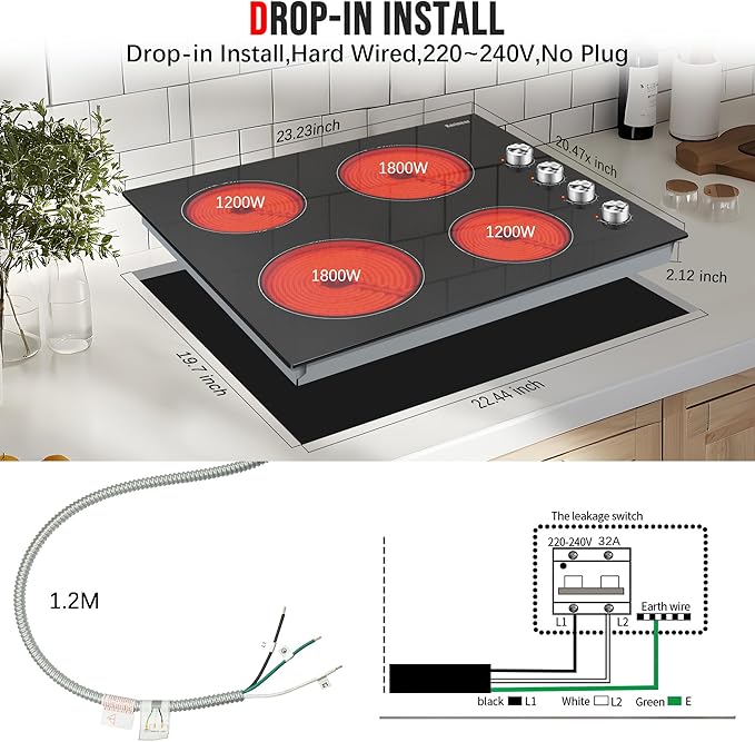 Karinear 24 Inch Electric Cooktop 4 Burners Electric Stove, Knob Control,6000W, Built-in Radiant Hob,Residual Heat Indicator, Overheat Protection,Hardwired 220V Radiant Ceramic Stove(Silver Knob