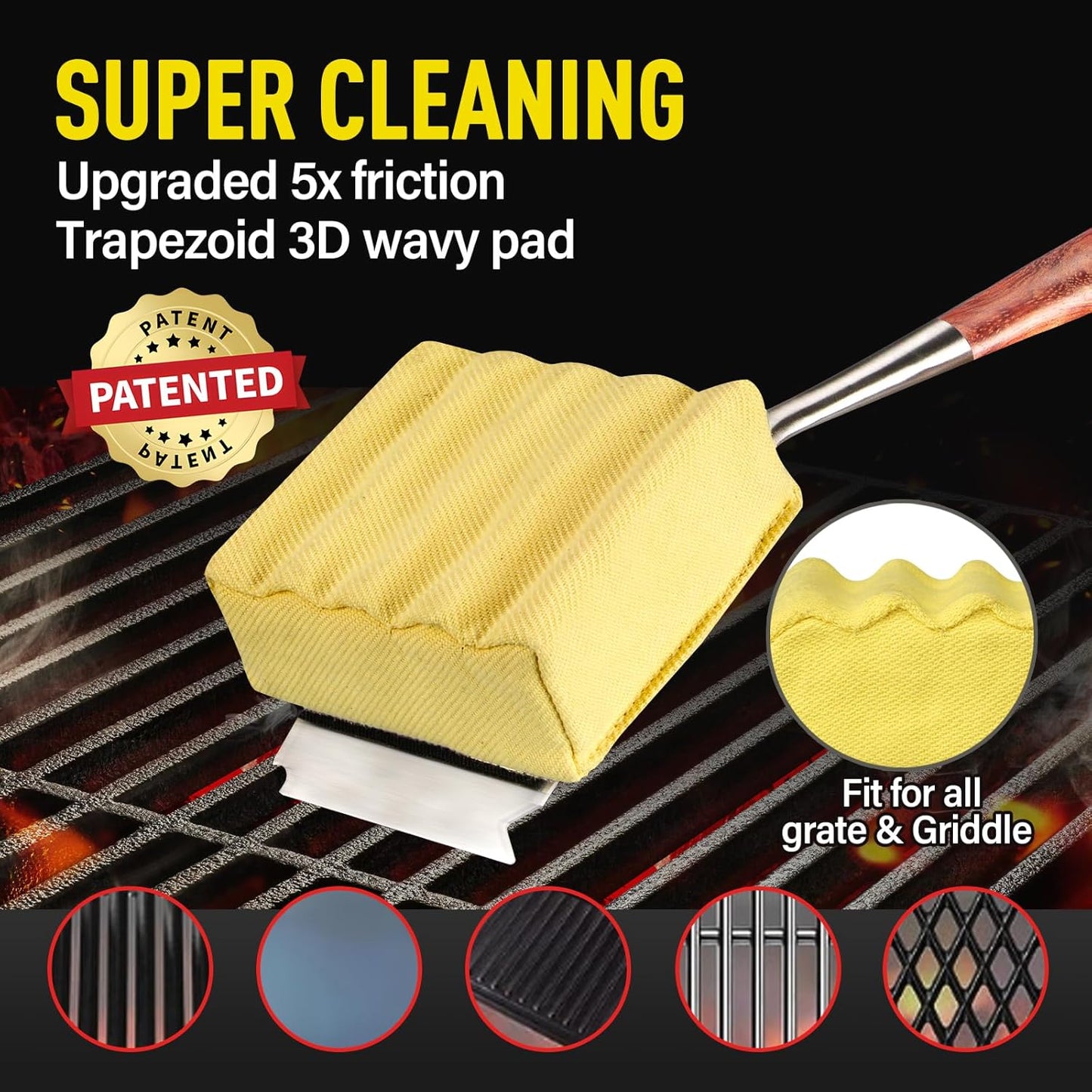 Bristle-Free Steam Grill Brush,with Extended Luxurious Rosewood Handle,Unique Seamless-Fit Scraper Tool,BBQ Replaceable Cleaning Head,Grill Cleaner for Outdoor Grill,Gifts for Men/Dad ﻿