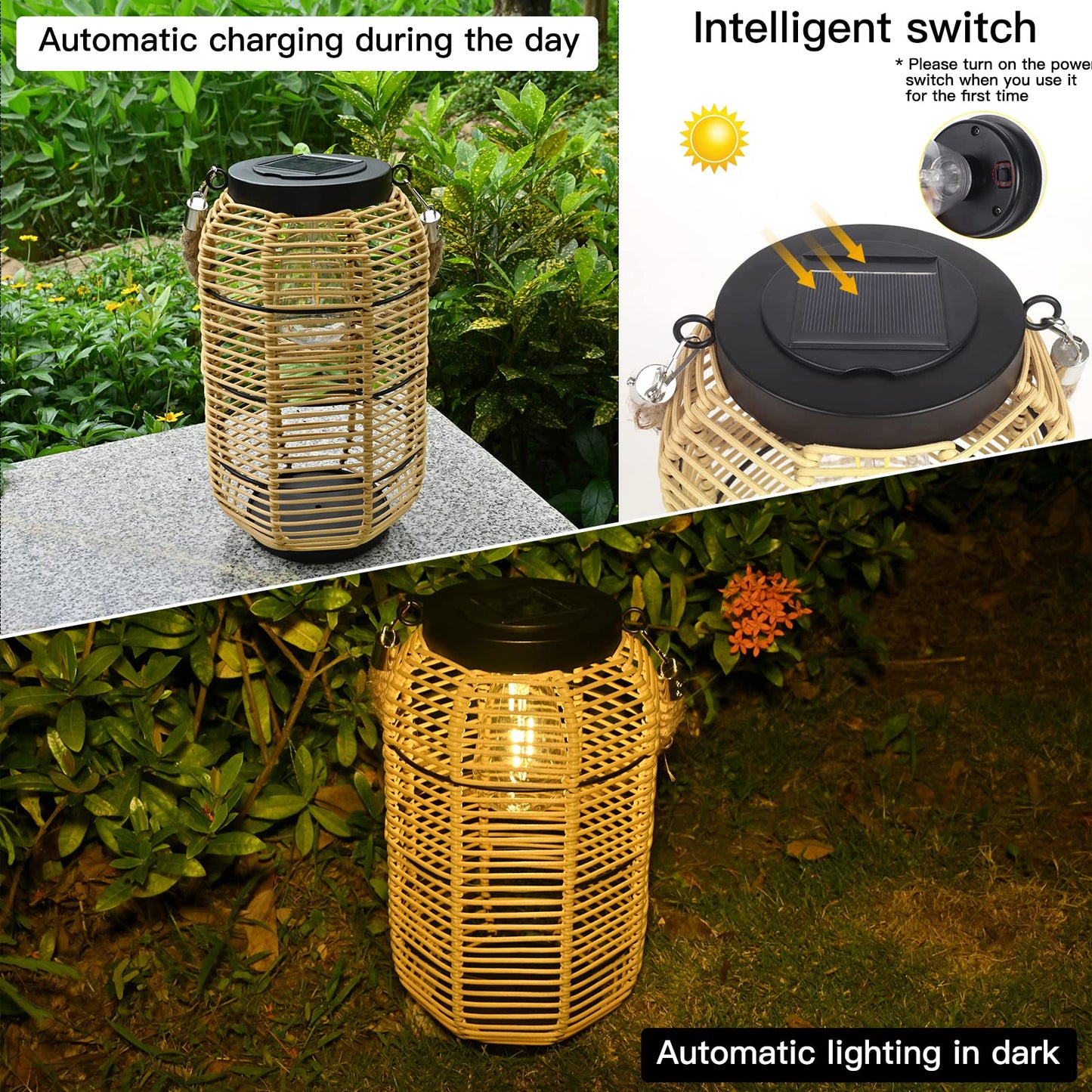 Livinlarge Solar Lantern - Outdoor Hanging Light, Waterproof Rattan with Twine Handle, Bright Edison Bulb, Multicolor, Model 434