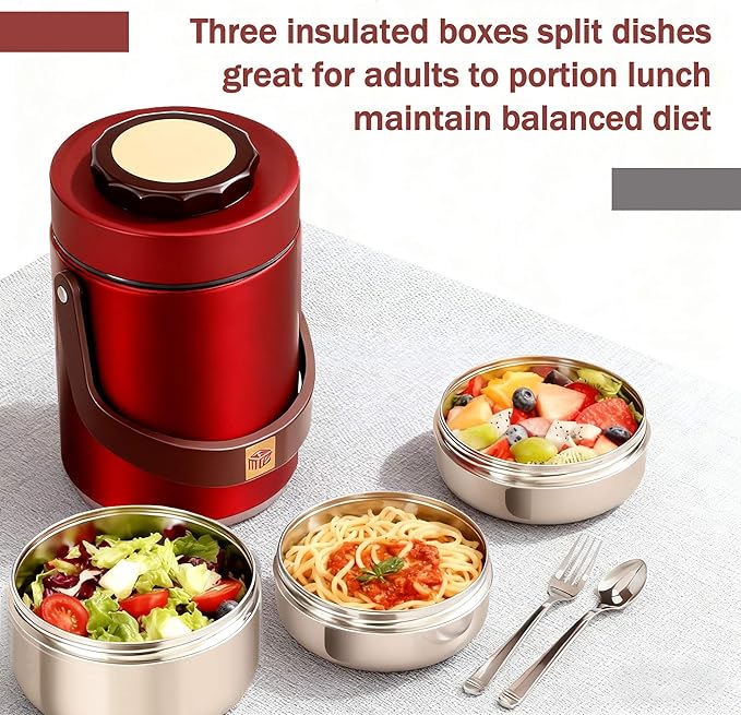 67oz Vacuum Insulated Lunch Food Container for Hot Food, 3 Tier Sealed Stackable Food Thermo, Adults Stainless Steel Wide Mouth Thermal Lunch Box, Leak-Proof Thermo Food Jar for Office & Outdoor(Red)