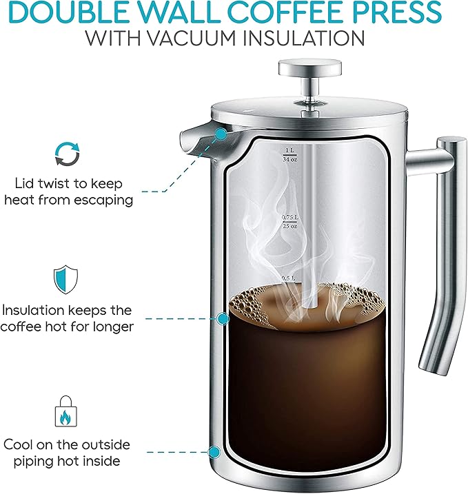 Belwares French Press Coffee Maker 50 Oz – Insulated Coffee Press Stainless Steel 304 Large – Double Wall, & 4 Level Filtration System (1.5 Liter) – Silver