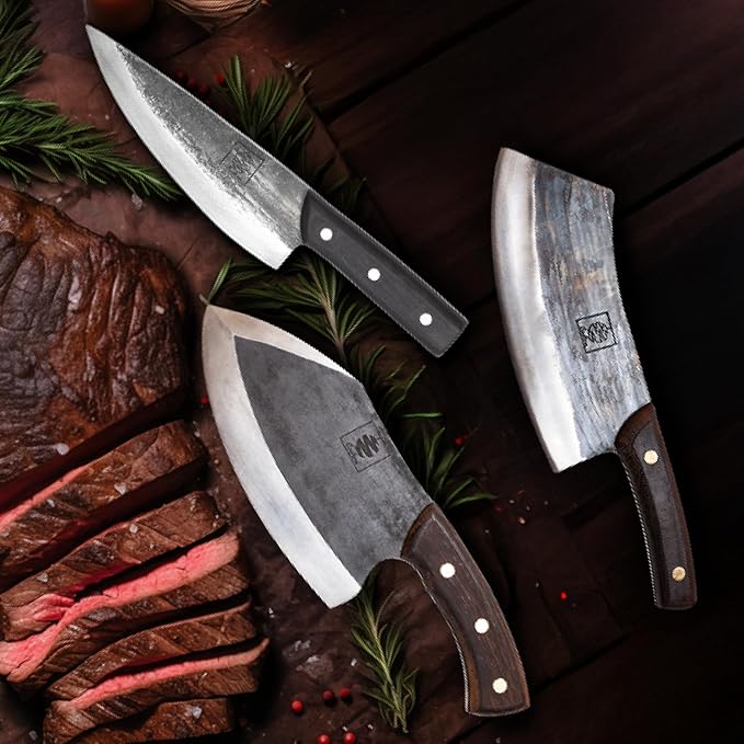 COOLINA Knife Set – Chef, Tungsten & Lixy Knives Bundle – 3-Piece Hand-Forged Carbon Steel Kitchen & BBQ Knives with Wooden Handles – Full Tang Butcher, Cleaver & Cooking Knife Set