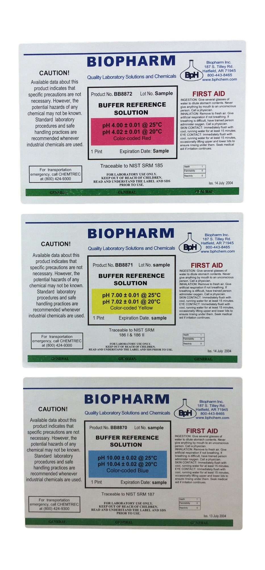 pH Buffer Calibration Solution 3-Pack: pH 4.00, pH 7.00, pH 10.00 Buffers — 500 mL (1.06 Pint) Each — Color Coded — NIST Traceable for All pH Meters