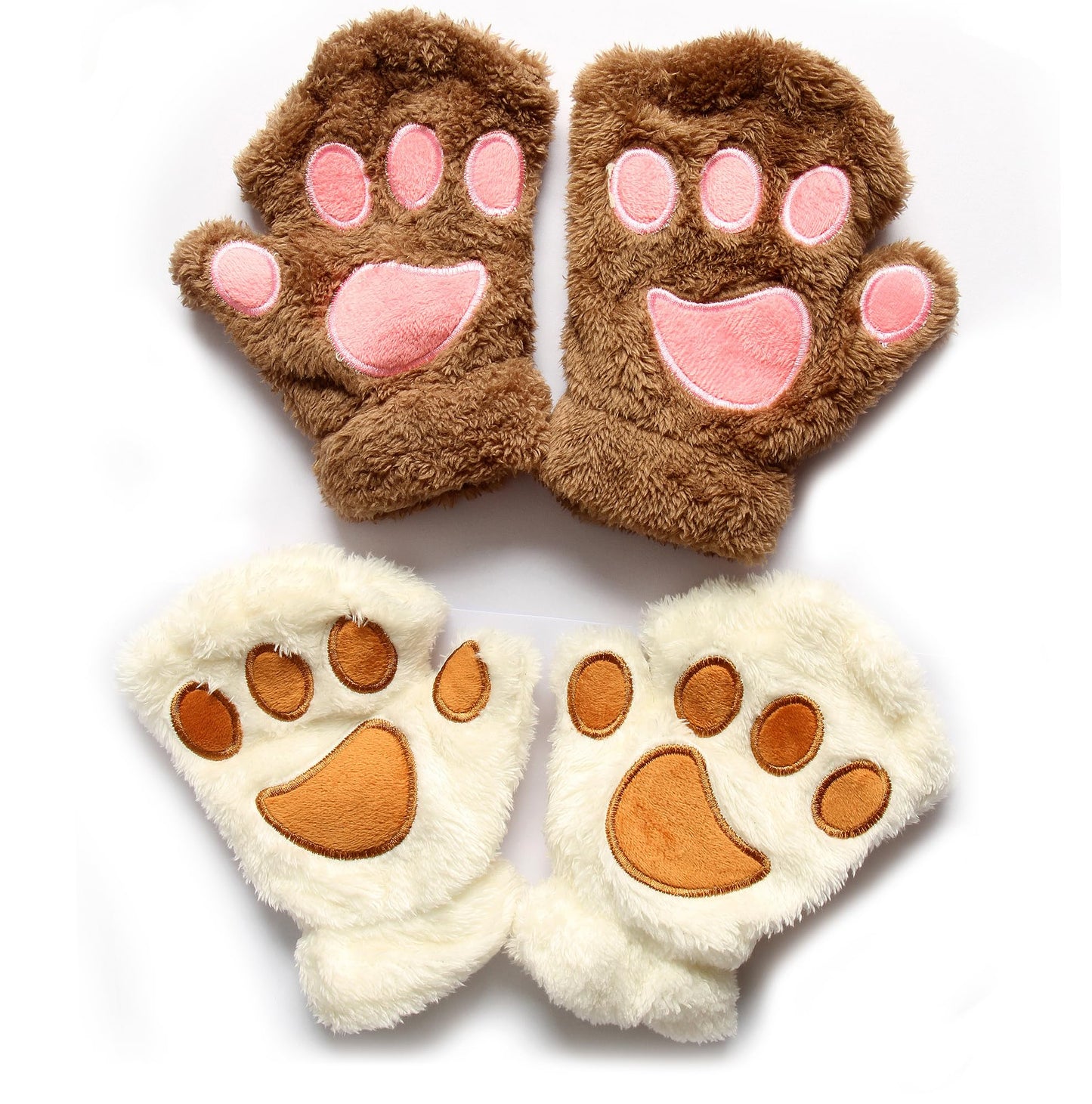 Vewzaty 2 pairs Cat Claw Bear Kawaii Paw Fingerless Winter Plush Gloves Cosplay Faux Fur Plush Cat Gloves for Girls Women (coffee and beige)