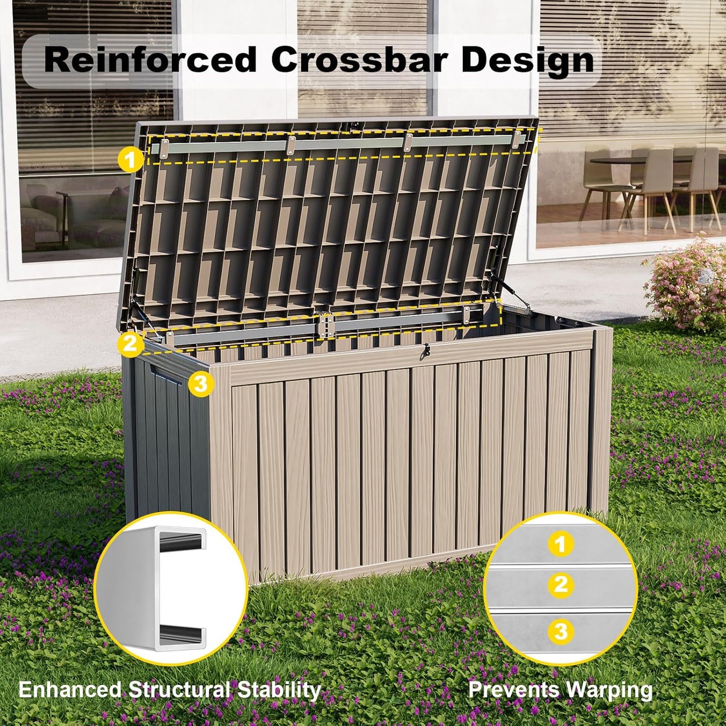 DRATO 150 Gallon Outdoor Storage Box, Large Waterproof Deck Box, Lockable Resin Storage Container with Reinforced Support for Patio Cushions, Garden Tools, UV-Resistant Outdoor Chest（Black）
