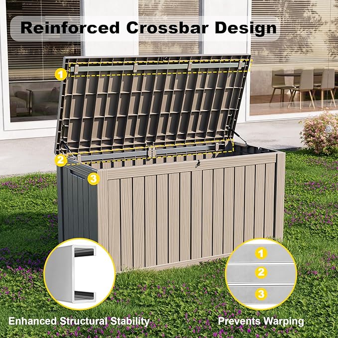 150 Gallon Outdoor Deck Box,Storage Lockable Waterproof Patio Furniture,Garden Tools,Cushions,Pool Accessories Outside Storage Resin Box(Grey)