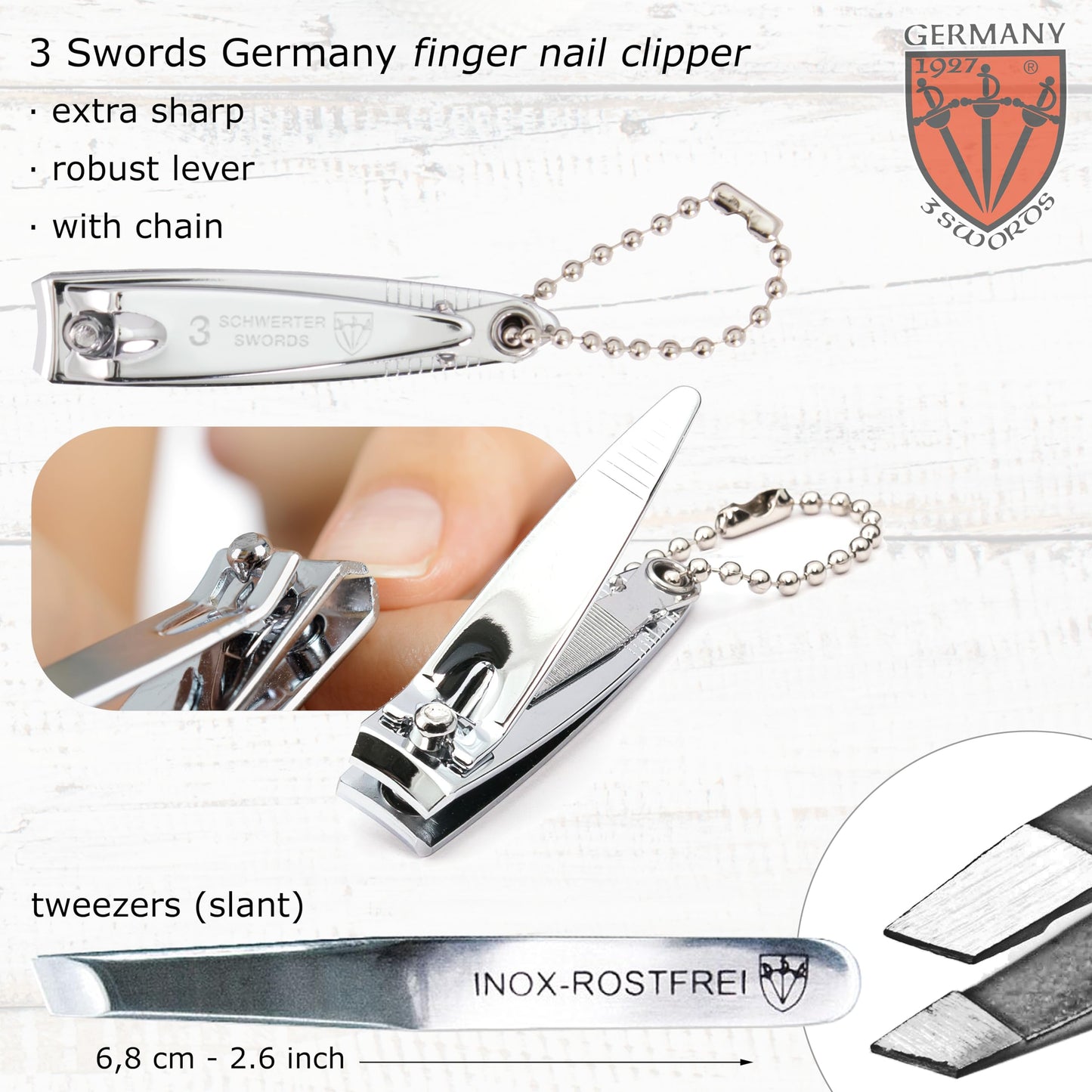 3 Swords Germany - Brand Quality 6 Piece Manicure Pedicure Grooming kit Set - Scissors, Metal and Glass Nail File, Clipper, Twee