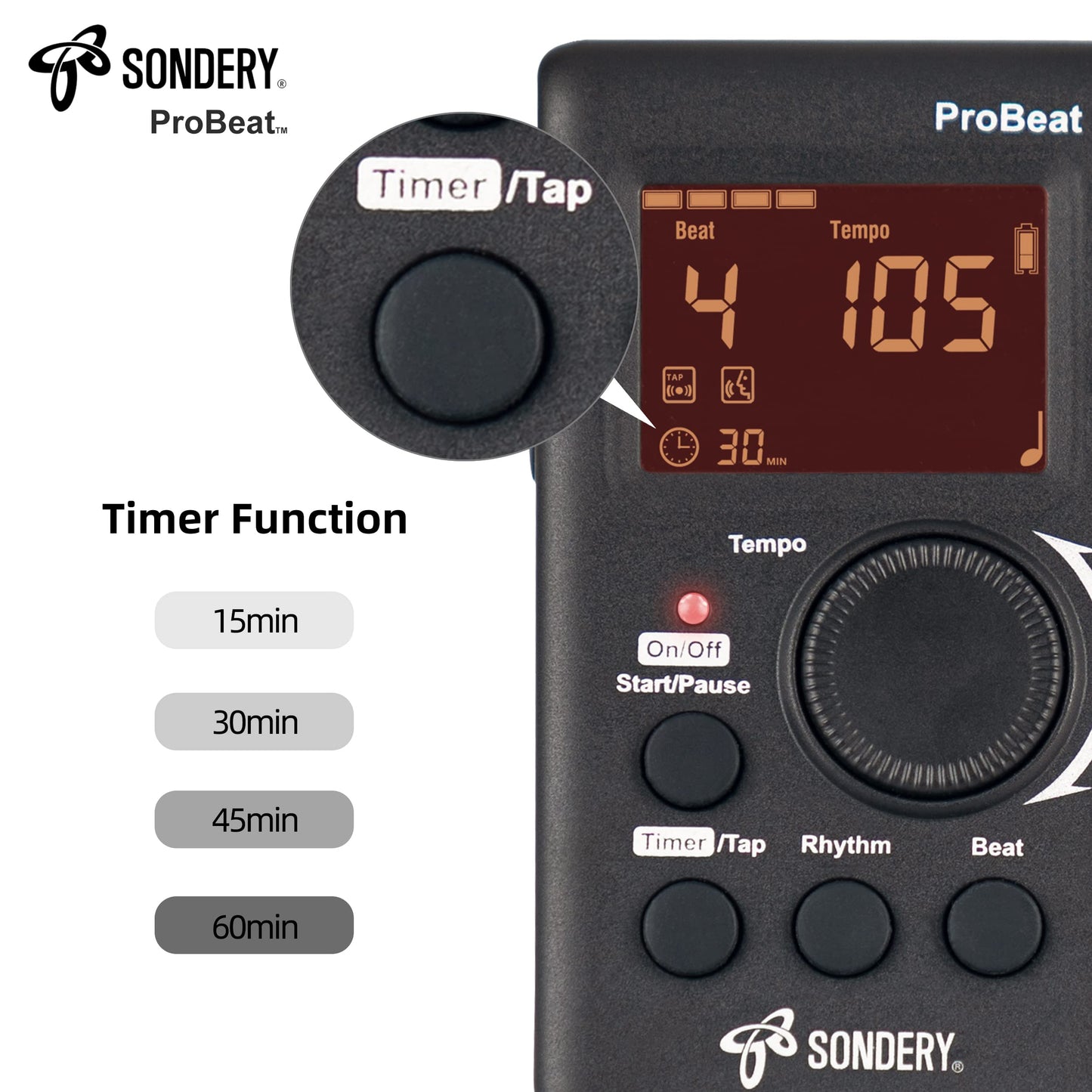 Sondery Digital Metronome Rechargeable English Vocal Counting with Timer Function for Piano Guitar Drum and All Instruments