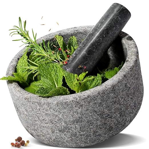 Koville Granite Mortar and Pestle Set, 6.3"-2 Cups Unpolishesd Stone Grinder Bowl for Guacamole, Salsa, Pill Crusher, Spice, Herb, Garlic, Nut, Heavy Duty Grinder for Kitchen(Angola Silver Black)