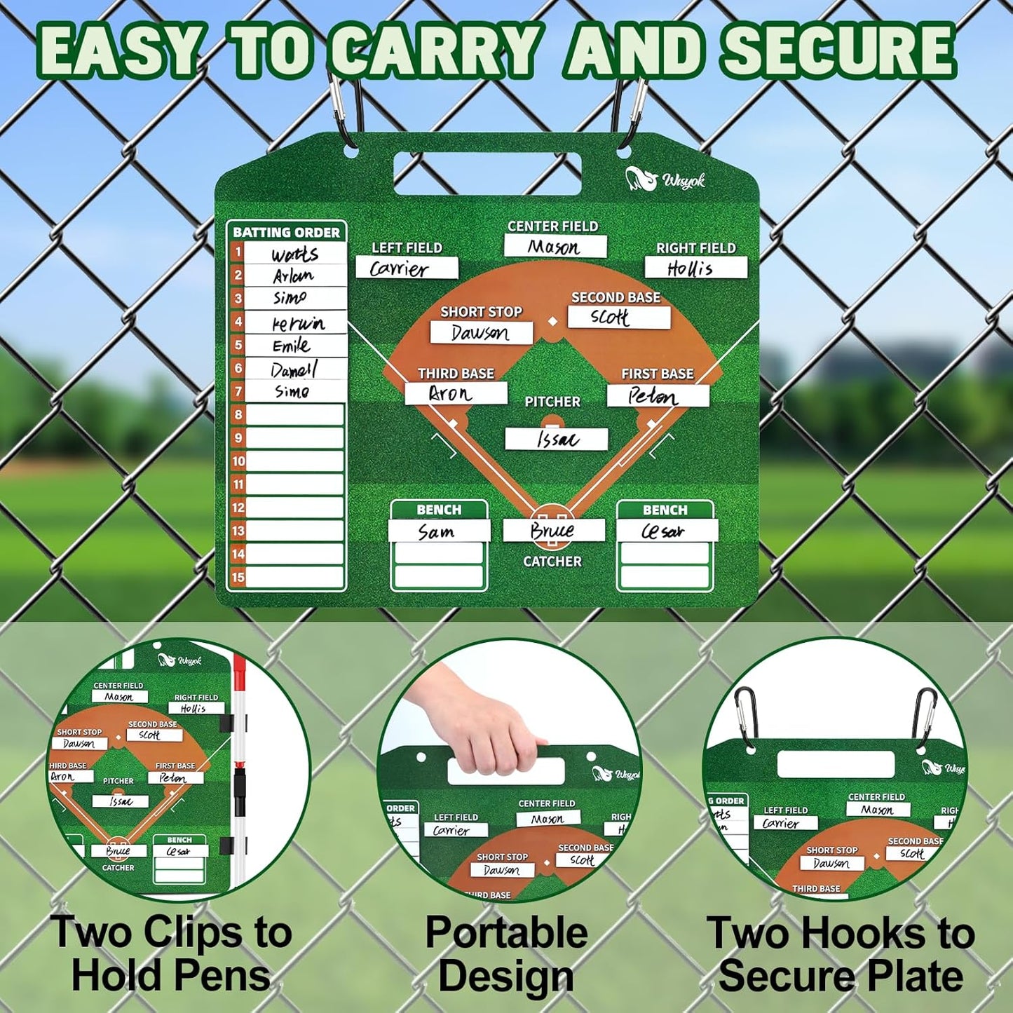 WISYOK Double-Sided Magnetic Baseball Lineup Board for Dugout, Includes 40 Lineup Cards, Dry Erase Clipboard for Scoring, Coach’s Baseball Board