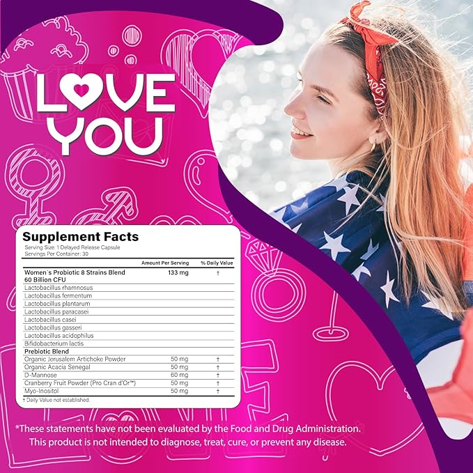 Love You Womens Probiotic, Ph Balance, Ut, Feminine, Vaginal Health Supplement, Digestive, Pre + Pro + Postbiotic, Delayed Release, 60 Billion Live CFU, 8-Strain Probiotic Blend, 30 Veg Caps Servings