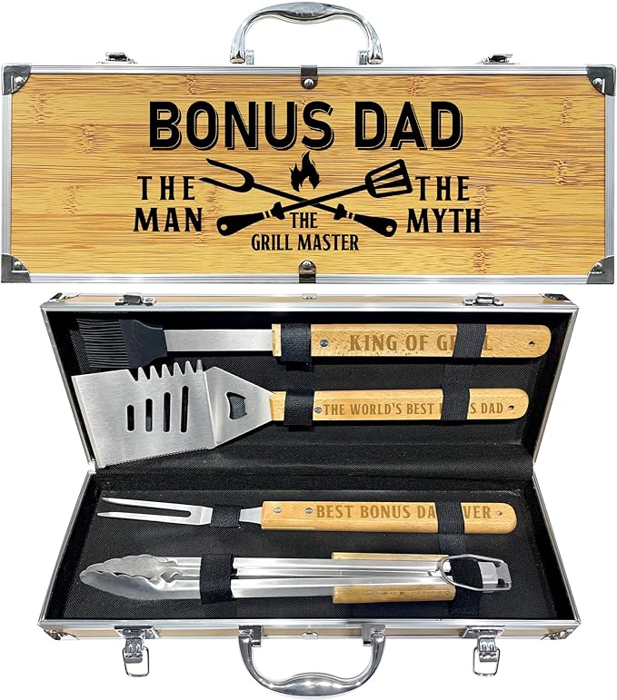 Christmas Bonus Dad Gifts from Bonus Daughter Heavy Duty Wooden BBQ Grilling Accessories Kit for Backyard, Thick Stainless Steel Grill Utensils with Non-Slip Handle Tools in Portable Bag