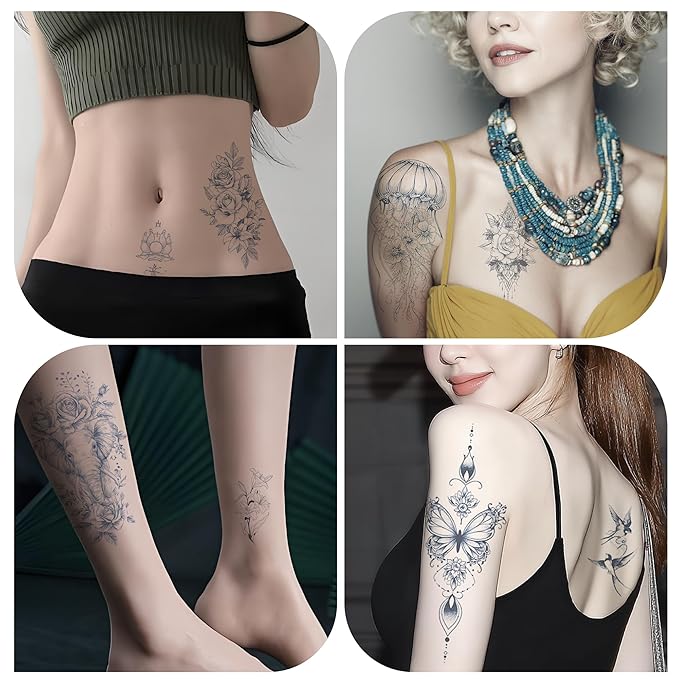 Women's Artistic Temporary Tattoos | Featuring Floral, Jellyfish, Elephant & Dragon-Head Patterns, Safe & Non-Toxic, Suitable for Daily Life, Parties & Travel (Sea Blue)