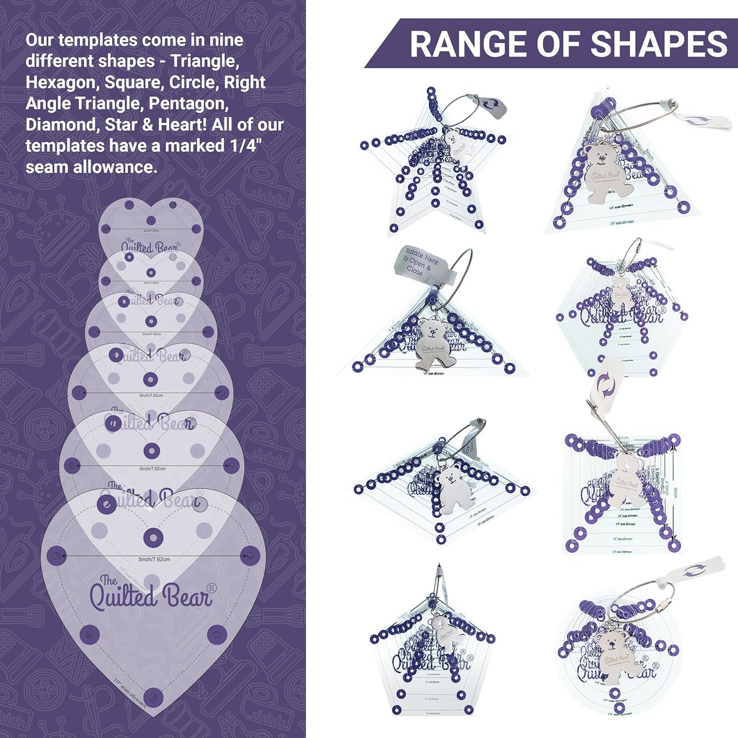The Quilted Bear Pentagon Quilting Templates – 8 Clear Non-Slip Acrylic Quilt Templates for Precise Fabric Cutting & Stress-Free Machine Quilting - Ideal for Quilt & Sewing Supplies (¾–3")