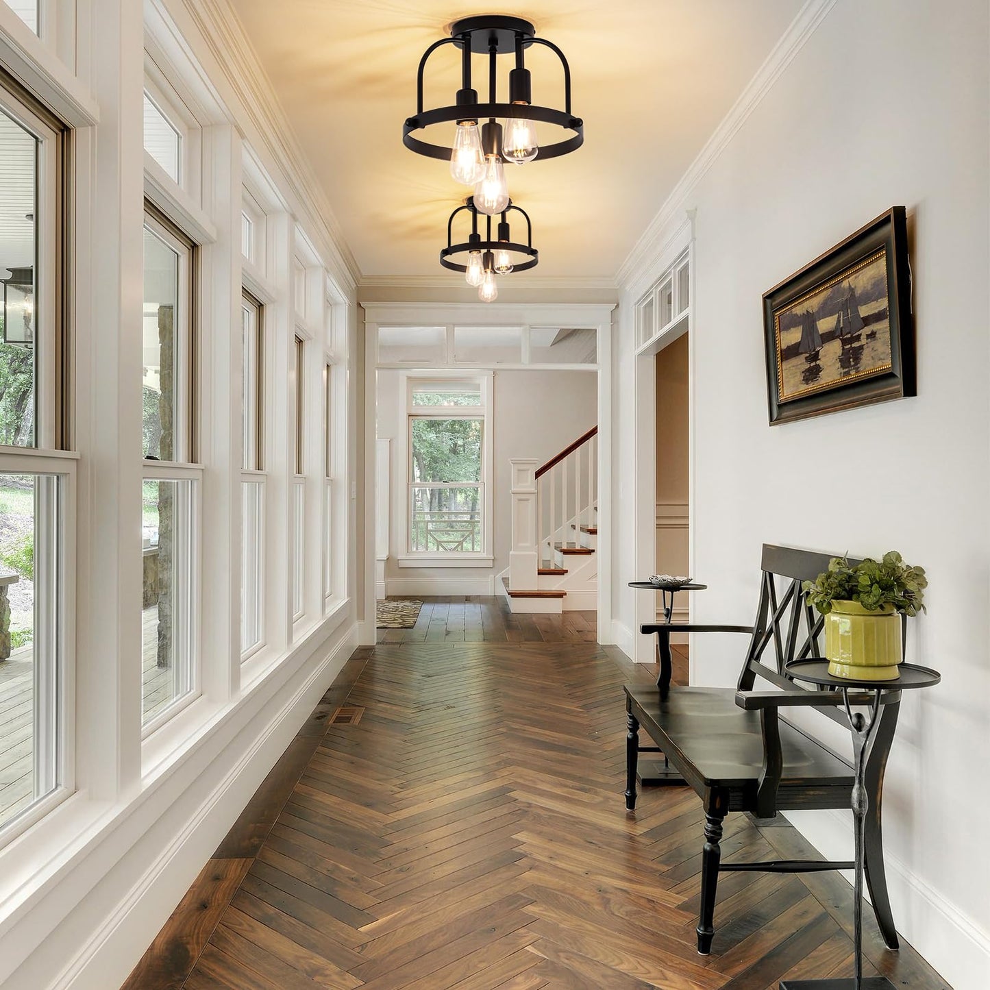 Fengkedu 3 Light Industrial Ceiling Light Black Semi Flush Mount Lights Close To Ceiling Light Fixtures Cage Design Farmhouse Ceiling Lighting For Kitchen Bedroom Bathroom Foyer Hallway (E26  1Pack)
