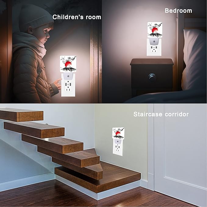 Mountain Fuji Night Light,Sun and Storks Japanese Landscape Night Lights Plug into Wall Led Night for Boys Girls Gifts, Dusk to Dawn Sensor Nightlight 0.5W Sleep Friendly