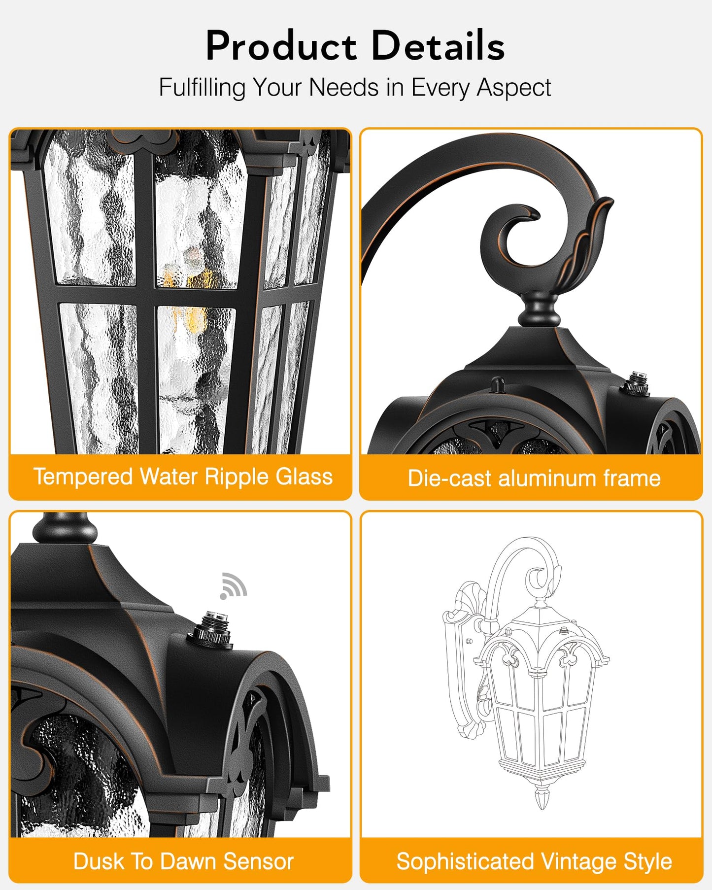 Vianis Outdoor Wall Light  16.9 Black Dusk To Dawn Outdoor Lighting With Gold Trim  Outside Light Fixtures Wall Mount With Tempered Water Ripple Glass For Patio  Entryway  Waterproof Anti-Rust