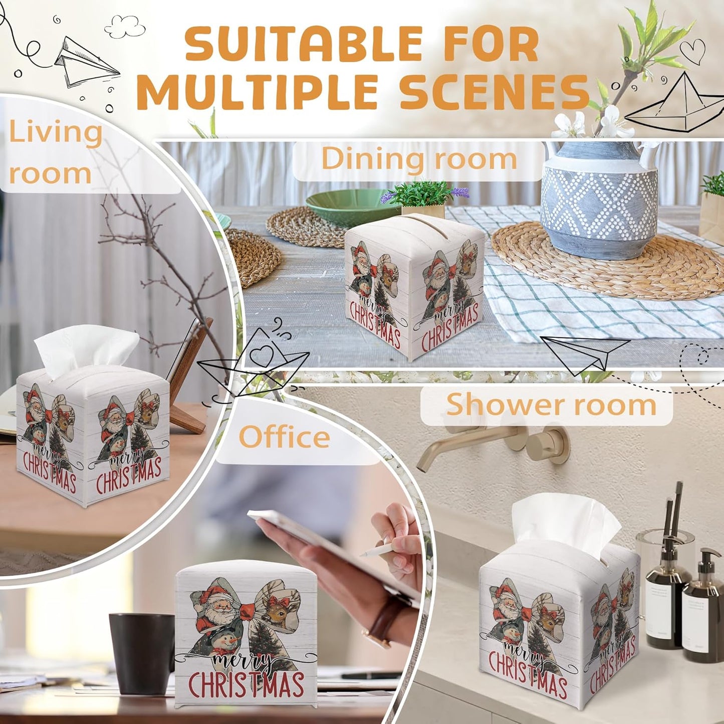 Merry Christmas Tissue Box Holder, Santa Claus Bow Reindeer Snowman Leather Tissue Box Cover Square, Paper Facial Decorative Tissues Cover for Bathroom Kitchen Office Home Decor-B26