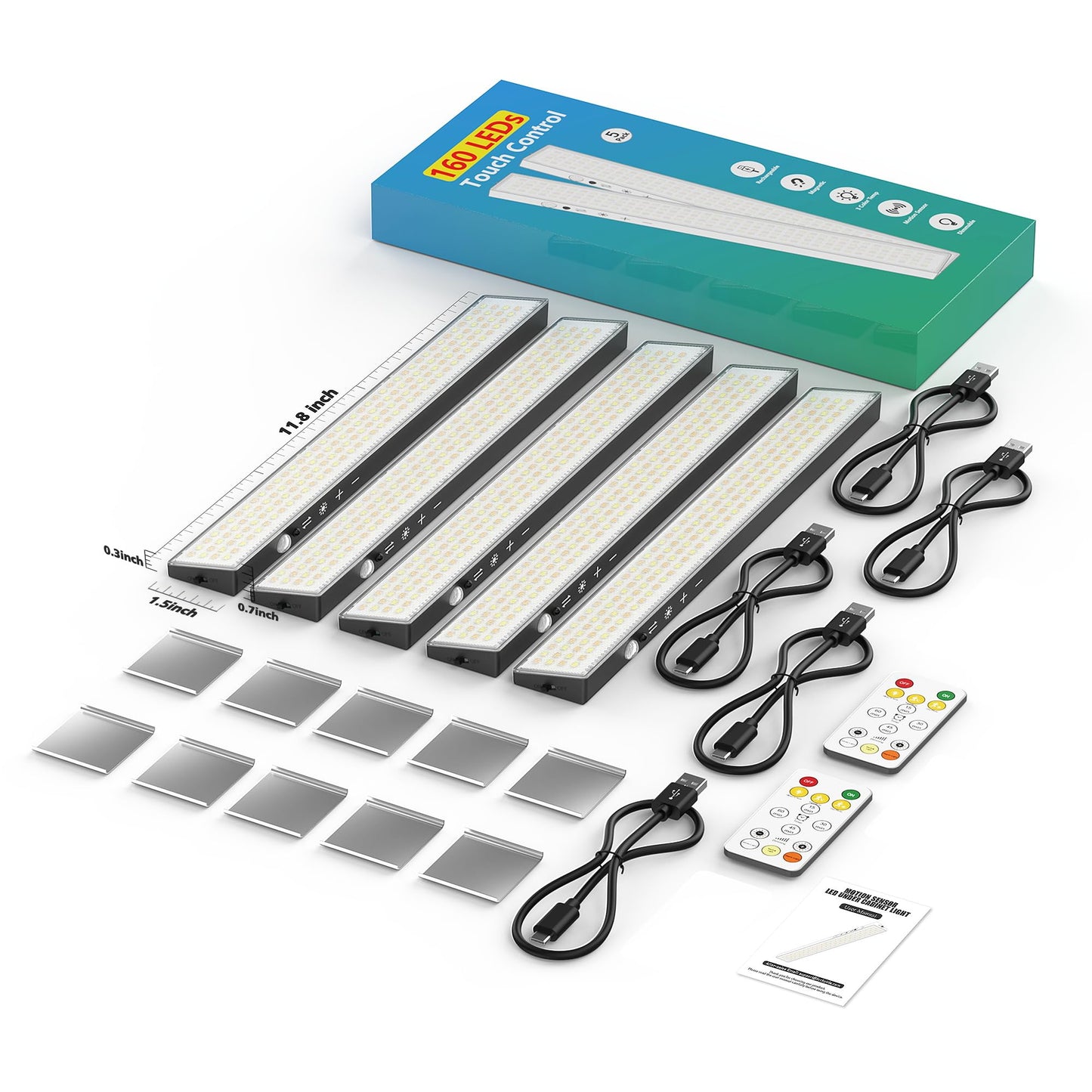 160Leds Touch-Control Under Cabinet Lighting W/4000Mah Battery  Cordless Motion Sensor Under Counter Lights For Kitchen  Magnetic Rechargeable Closet Lights - 5Pack/Black  2025 Fall