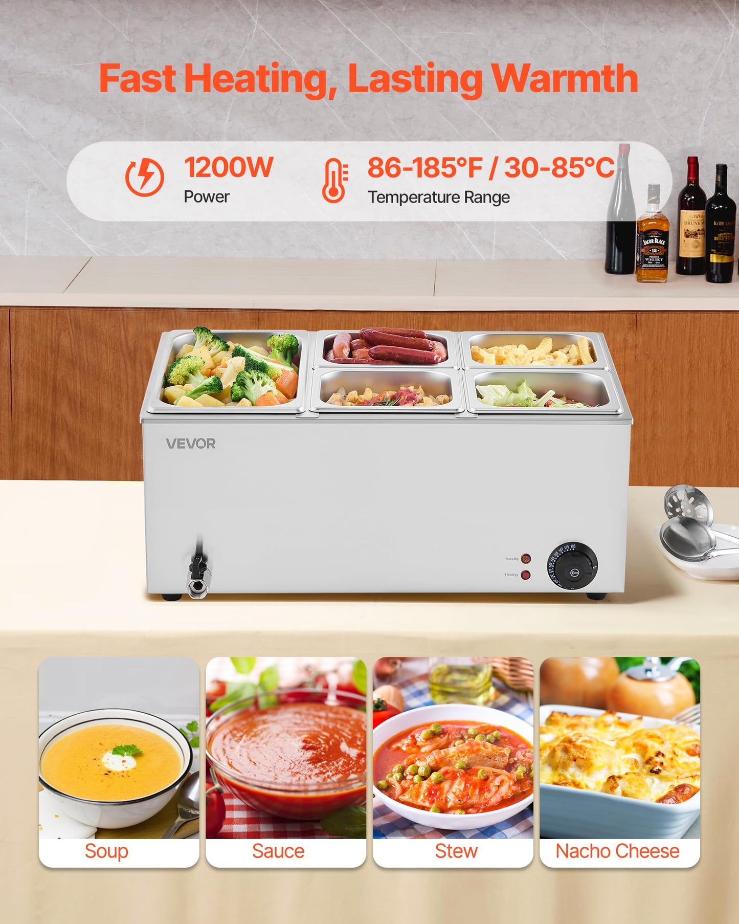 VEVOR 5-Pan Commercial Food Warmer, 24QT Electric Steam Table, 1200W Professional Countertop Stainless Steel Buffet Bain Marie with 86-185°F Temp Control for Catering and Restaurants, Silver