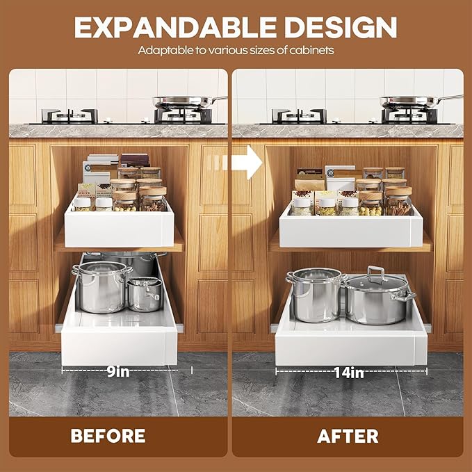 2 Pack Expandable (9"-14") Pull Out Cabinet Organizer 21" Deep With Raising Pad for Framed Cabinets,Upgrade 3 Slide Rails Slide Out Drawers,No Drill Roll Out Shelves Adhesive,White